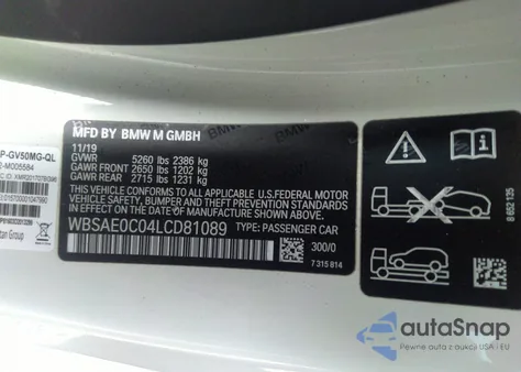 2020 BMW M8 z USA, uszkodzony, nr VIN WBSAE0C04LCD81089